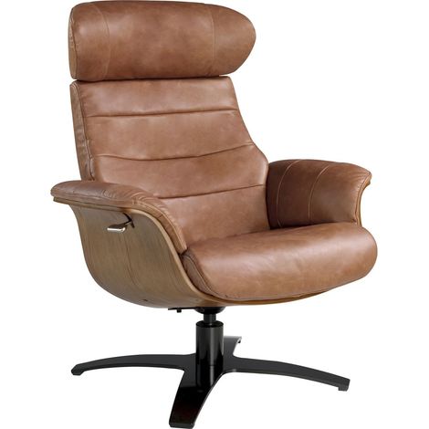 Fauteuil relax pivotant cuir vachette piètement acier massif poli - Chameau, noyer, noir (1/5)
