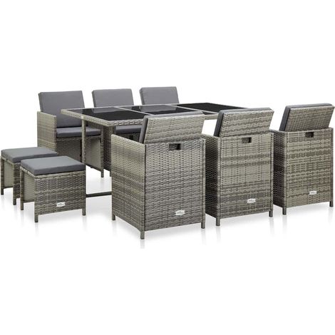 Ensemble Table et Chaise de Jardin 11 pcs - Mobilier à dîner de jardin et coussin Résine tressée Gris  BV556892 - BonneVie (1/5)