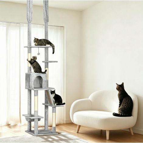 Tiragraffi per gatti 48x48x225 a 255 cm, con nicchia, amaca e rampa, in truciolare, peluche, grigio (1/5)