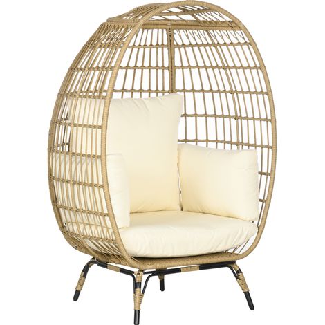 Sillón colgante de ratán con cojines, estructura de acero, caqui 105 x 90 x 148 cm (1/5)
