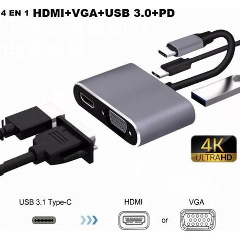 Hub USB C 4 en 1 Multiport Type C Hub Adaptateur type c vers HDMI 4K, VGA, USB3.0, type c-Argent (1/4)