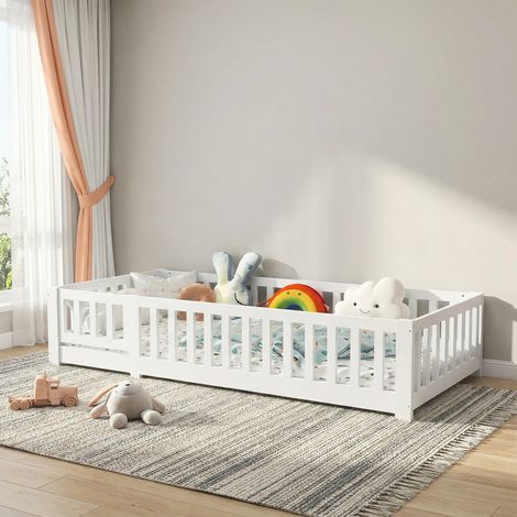 Letto per Bambini 120x200cm,Letto Montessori con Sponde e Cancelletto,Letto da Terra,Letto Singolo per Bambini e Ragazzi,Rete a Doghe,Bianco (1/5)