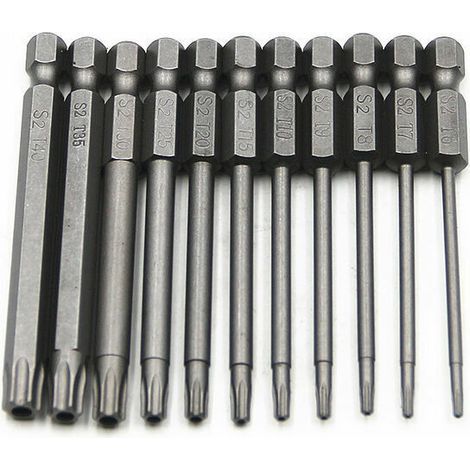 Jeu de 11 embouts longs Torx pour tournevis et visseuse électrique - Embouts magnétiques - Tige hexagonale de 1/4 - Tailles T6 à T40 - Longueur 100 mm