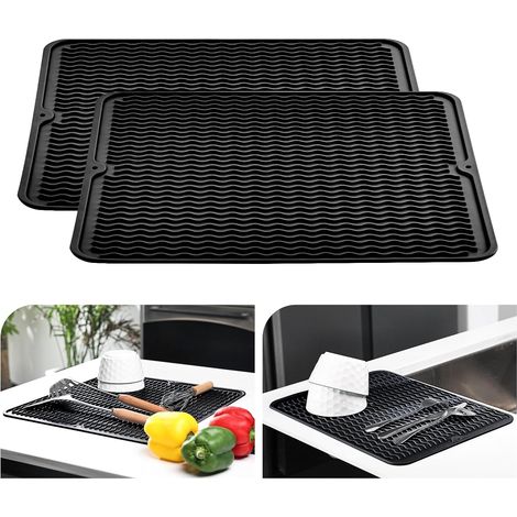 Tapis égouttoir, tapis de vaisselle en silicone résistant à la chaleur antidérapant pour évier, sous-tasse vaisselle, set table (2 pièces - Noir, 30x40 cm) Lot 2 / Noir 40 x 30 cm'40 x 30 cm Lot de 2 