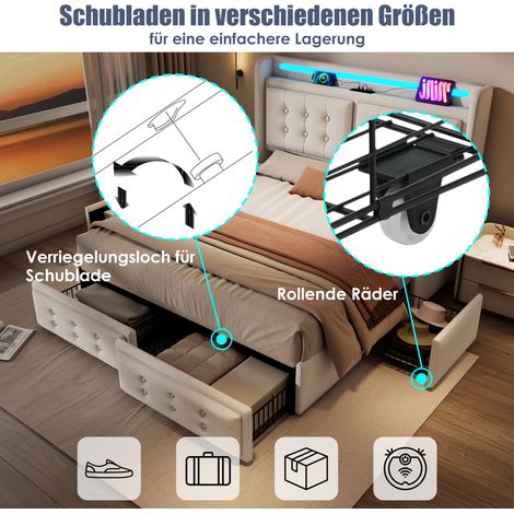 Lit capitonné 160x200 cm, lit 2 places avec tête de lit lumineuse LED et port USB-C, 4 tiroirs de rangement, coffre avec sommier en bois latté et structure métallique, charge max 300 kg, beige, en cot (1/5)