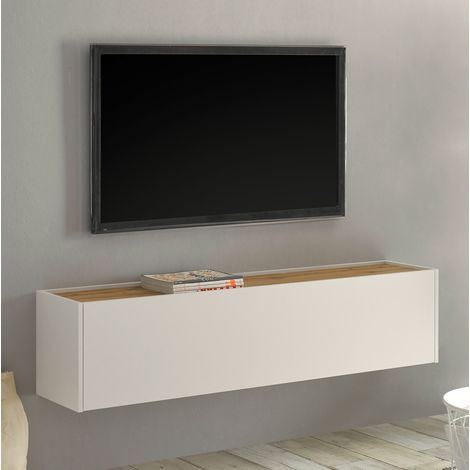 TV Hängeschrank Wohnbereich CRISP-61 in weiß mit Absetzungen in Wotan Eiche Nb., B/H/T: ca. 150/35/30 cm (1/4)