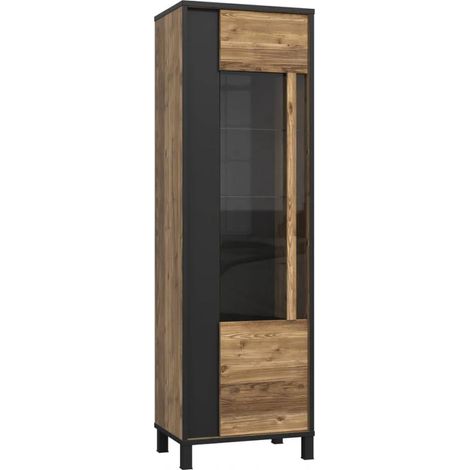 Colonne vitrine 1 porte décor bois et noir pieds noir - CELIA (1/5)