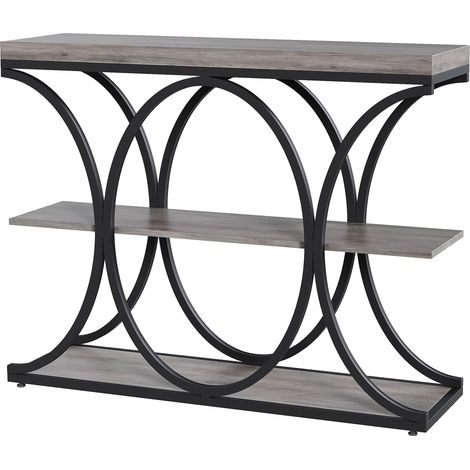 Table d’entrée industrielle table console 3 étagères avec cadre métallique demi-cercle, rangement en bois, 100 cm, gris (1/5)