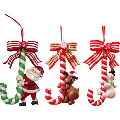 Ornement De Noel - Pere Noel Tenant Une Canne - Résine - Pour Arbre De Noel Et Décoration Intérieure - Lot De 3 (1/5)