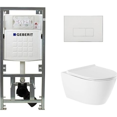 QeramiQ Salina Pack WC - sans bride - réservoir encastré Geberit - à fond creux WC suspendu - fermeture douce - déverrouillage rapide - panneau de