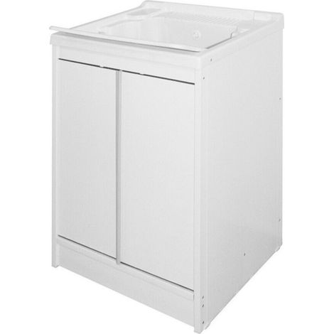 GLOUPIE Mobile Lavatoio In Resina E PVC Bianco Con 2 Ante, L 60 x P 50 x H 84 cm, Completo Di Asse Lavapanni E Kit Di Scarico (1/5)