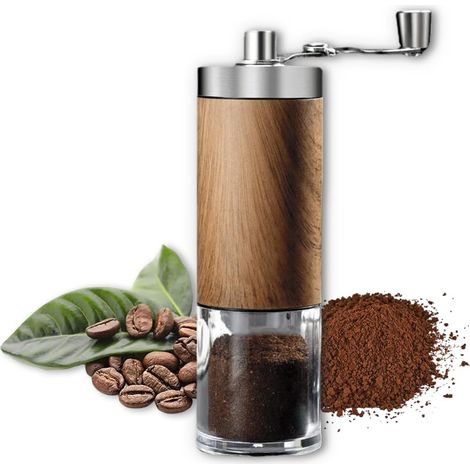 Molinillo de café manual de acero inoxidable con muelas de cerámica – Silencioso y portátil para espresso, moka, prensa francesa y Aeropress – Molinillo de café con apariencia de madera, ideal para el