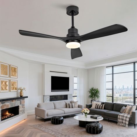 Ventilateur de plafond avec éclairage LED, plafonnier silencieux pour salon chambre avec télécommande, bois massif et métal 132cm 3 pales, Noir (1/5)