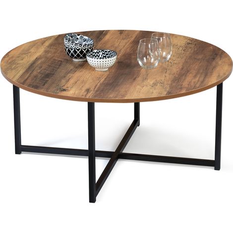 Idmarket – Table basse ronde 80 cm – Bois foncé – Design industriel – Pieds en métal – Idéale pour petits espaces (1/5)