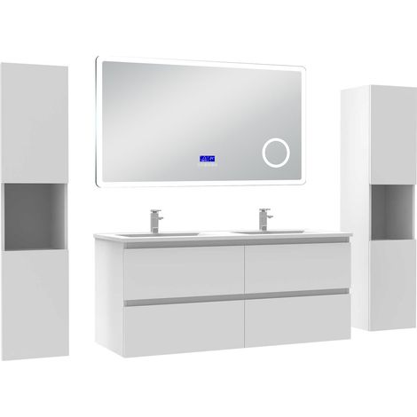 Acezanble ensemble meuble 120 cm blanc avec 4 tiroirs à fermeture automatique, lavabo céramique + miroir salle de bain Bluetooth tricolore + 2 colonnes hautes, suspendu