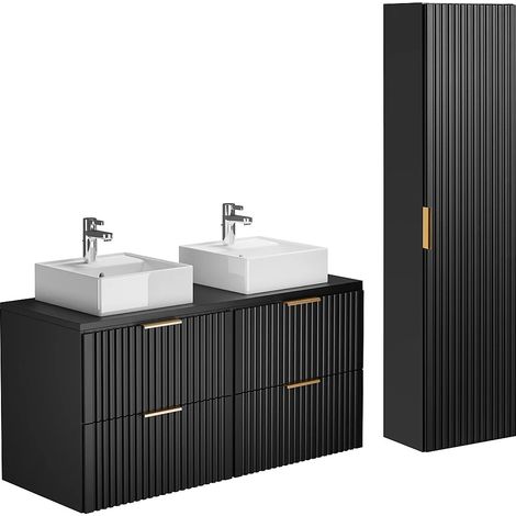 Vente-Unique – Meuble de salle de bain suspendu avec vasque à poser – Noir – 120 cm – Panneau de particule et céramique – Colonne à suspendre 140 cm (1/5)