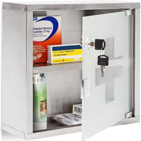 Relaxdays EMERGENCY L Medicine Cabinet, 30 x 30 x 12 cm, 2 Shelves and Locking Door, Stainless Steel and Glass, Silver (1/5)