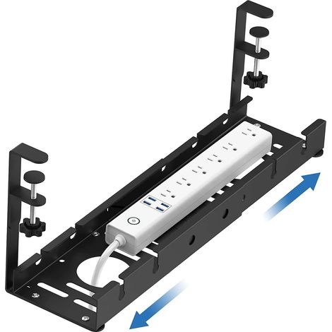(Noir) Goulotte de câbles extensible sans perçage sous bureau, en métal, avec pince et support pour multiprise rétractable. (1/5)