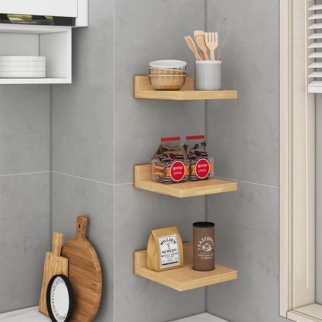 Petit Étagère Flottante, Étagère Murale en Bois, Présentoirs, Étagère Suspendue pour Chambre, Salle de Bain, Cuisine, Bois Naturel RF-GB505N-3 (1/2)