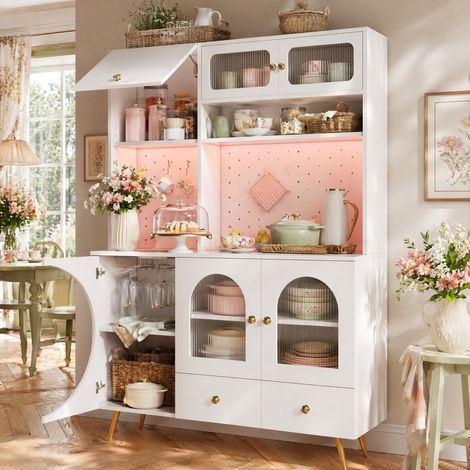Mueble alto de cocina 120 x 40 x 176 cm con LED, puertos USB y cajones, blanco DESVIAE (1/5)
