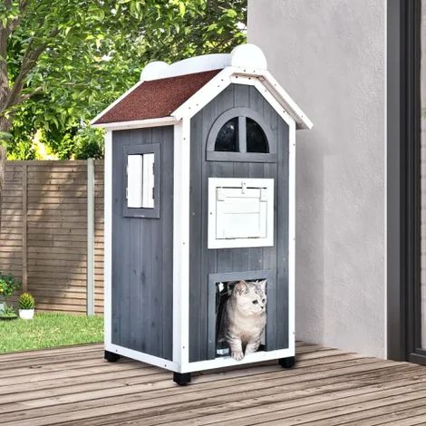 Casita para gatos, ideal como cama o arenero. Armario versátil para gatos, de madera de abeto, techo de asfalto, color gris, 59x55x109cm. Disponible en tienda. (1/5)