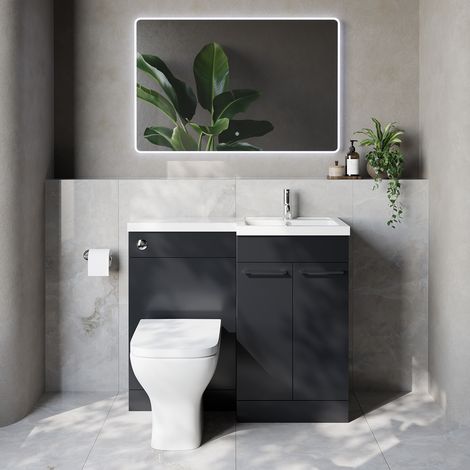Napoli 390 Gloss Grey 1000mm 2 Door Vanity Unit Toilet Suite with Right Hand Square Lucia Basin - 1000mm - Chrome 160mm HandleWith Kingston Toilet Pan and Seat