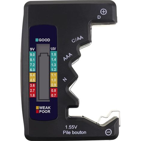 Tester per batterie C, AA, AAA, DN, 9V, 1,5V, a bottone, con display LCD a barre trasparente, formato tascabile. (1/5)