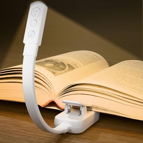 Lampe de lecture à pince, lampe de chevet, fonctionne avec une pile AAA. Lampe de lecture LED à pince, 3 couleurs, intensité lumineuse réglable, ultra-légère et longue autonomie (blanc). (1/4)