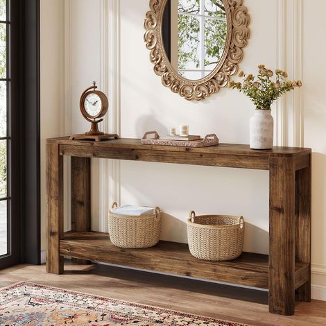 Tribesigns Console Entrée Bois Massif 160 cm, Table de Canapé Étroite Style Campagne 2 Niveaux, Meuble de Couloir Rustique Moderne pour Salon, Entrée, Hall, Chambre
