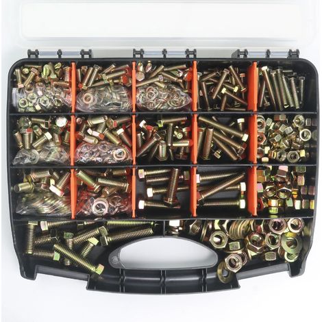 Coffret de visserie et boulonnerie 976 pièces – Assortiment de boulons et vis à tête hexagonale extérieure à filetage total avec écrous et rondelles, en acier carbone haute résistance avec finition zi (1/2)
