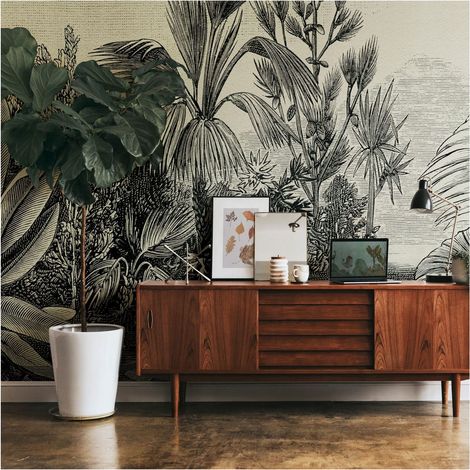 Sfondo fotografico Profhome 382351 Carta da parati TNT goffrata a caldo liscia con design giungla opaca grigio beige nero 3,71 m x 2,8 m (1/4)