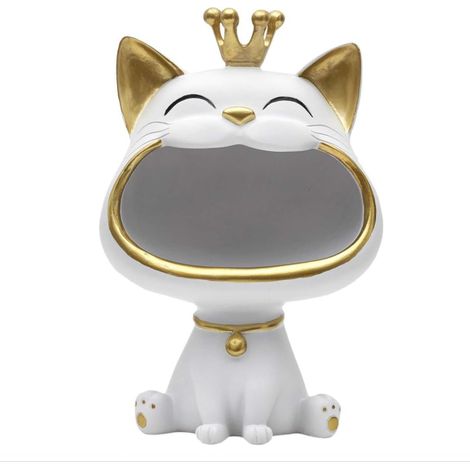 Statue de Chat Blanc Vide Poche, Objet Déco Élégant et Pratique, Finition Moderne, Organisation Petits Objets