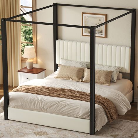 Lit baldaquin 180x200 cm avec tête de lit rembourrée et cadre métal, velours beige et, style moderne - noir (1/5)