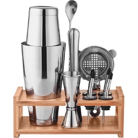Kit de cóctel, set de cóctel, kit completo de cóctel, kit de cóctel de diez piezas, con soporte de bambú, incluye colador de hielo, apto para bar, hogar, fiesta, práctica personal (1/5)