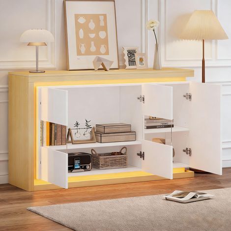 REDOM - Buffet - 140x40x84 cm - 3 portes - 4 compartiments - LED télécommandée - étagères réglables - panneaux de particules - blanc