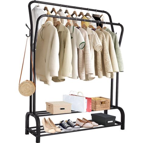 Youyijia Kleiderständer Metall Kleiderstange mit Lagerregal Freistehender Doppelruten Kleiderbügel 146x37x110cm Garderobenständer Trockengestell für Schlafzimmer Waschräume Schwarz (1/5)