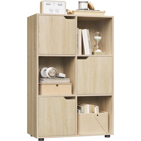 Bibliothèque Étagère de Rangement, Meuble Cube 59,6x29x91cm en MDF pour Salon, Bureau, avec 3 Portes, 6 Compartiments, Chêne Clair (1/5)