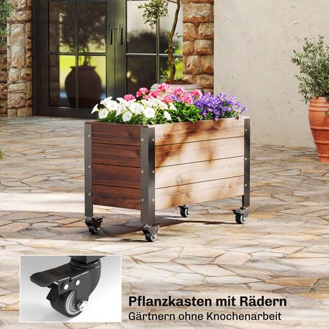 Jardinière surélevée en bois, pot à plantes mobile sur roulettes, bac à fleurs 60x30x41 cm pour extérieur, jardin et balcon