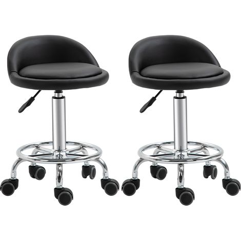 Lot de 2 tabouret à roulette pivotant 360°. assise réglable 47-62H cm. acier chromé revêtement synthétique noir