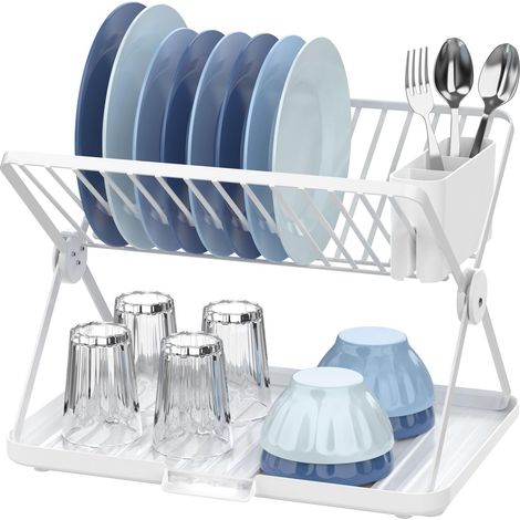 Égouttoir Pliable - 41,5 x 33,2 x 33,8 cm - Acier et Plastique - Couleur Blanc - Égouttoir Compact avec Plateau d'Égouttage et Support pour Couverts - Idéal pour Les Petites Cuisines (1/5)