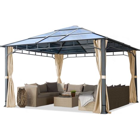 Garden pavilion 4x4 m aluminium polycarbonate roof poles approx. 8 mm pavilion garden tent 4 sides champagne