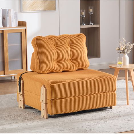 Sofá cama individual de pana naranja con patas de madera DESVIAE (1/5)