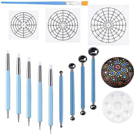 Ensemble de 14 outils de pochoir à mandala pour peinture sur galets. Comprend des pochoirs, un plateau à peinture et des outils pour mandala. (1/4)