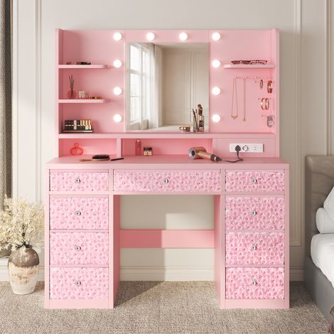 Grande Coiffeuse Rose avec Miroir LED, 110 × 40 × 144 cm,Multiprise, 9 Tiroirs, 10Ampoules, Rangement étagère bijoux (1/5)