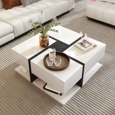 Table basse carrée laquée - 78x78x36 cm - Design bicolore brillant avec 4 tiroirs et étagère basse - Style moderne - Blanc et noir (1/5)