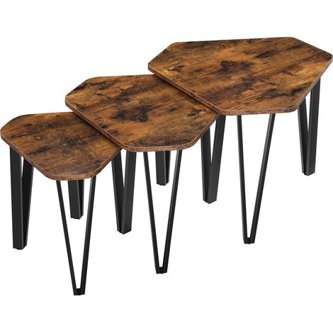 Vasagle – Tables gigognes en acier – Lot de 3 tables d’appoint empilables – Style industriel marron rustique et noir – Assemblage rapide en 10 minutes
