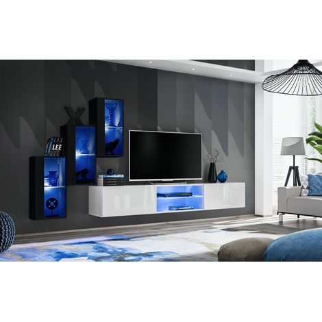 Ensemble meuble TV mural Switch XXII - L 240 x P 40 x H 170 cm - Noir et blanc - Livraison gratuite