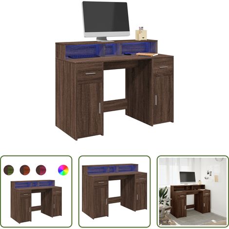 Rangement bureau - Bureau et lumières LED chêne marron bois d'ingénierie (1/5)