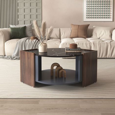 Table basse - SOGEU - Marbre noir aspect noyer - Rectangulaire - 96,5x63x40 cm - Tiroir de rangement (1/5)