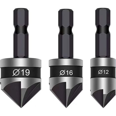 Lot de 3 forets coniques à tige hexagonale de 6,35 mm, 5 cannelures, centre à 90 degrés, 12 mm, 16 mm, 19 mm pour travail du bois, perceuse à bois, métaux doux (noir) (1/5)